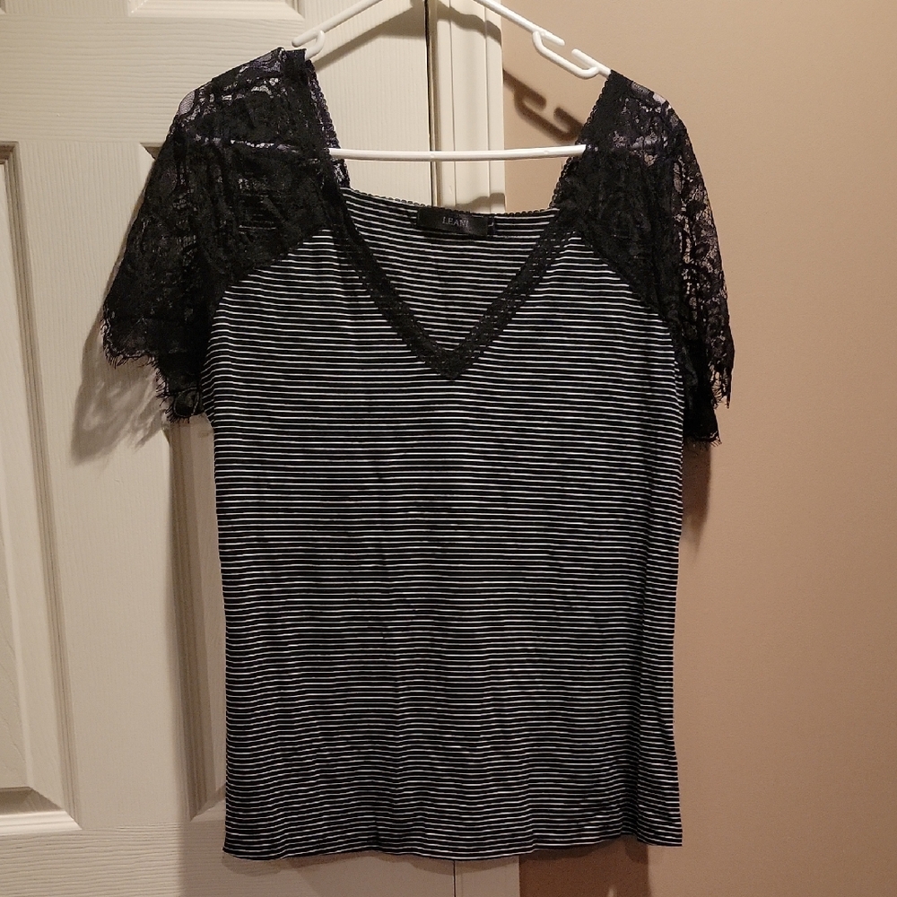 Black and White Striped Lace Sleeve Top